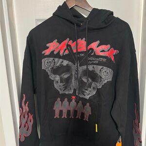 Black Graphic Hoodie with Red and Gray Design